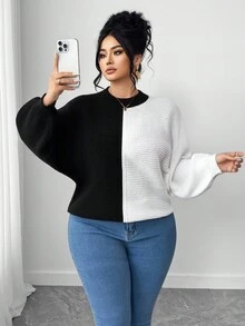 Elenzga Plus Size Women's Black And White Patchwork Batwing Sleeve Crew Neck Sweater,Autumn Elegant Smart Casual Everyday Gothic Thick Knitted Loose Pullover - Black and White - View 7