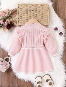 SHEIN Explorewe 女婴荷叶边领扭绳针织长袖毛衣裙，秋冬舒适，杏色，时尚百搭，适合日常、居家、户外、旅行 - 粉色 - 查看 2