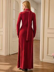 Aveloria Rosie Autumn/Winter Christmas & New Year Red Round Neck Fitted Bodycon Dress With Scarf, Elegant Women Sweater Dress