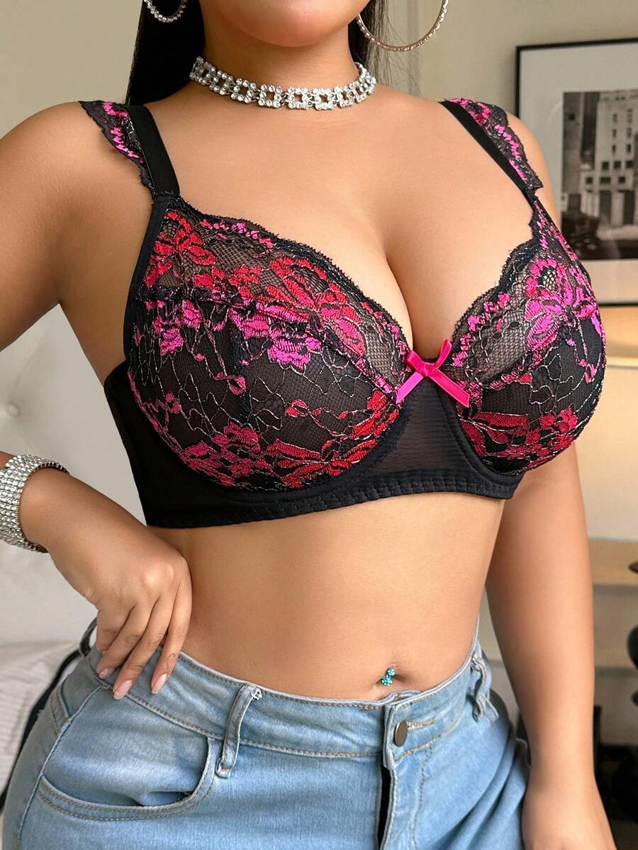 SHEIN Sutien cu armătură sexy din dantelă pentru femei, mărime plus, cu ridicare - Roz fierbinte - Vizualizare 1