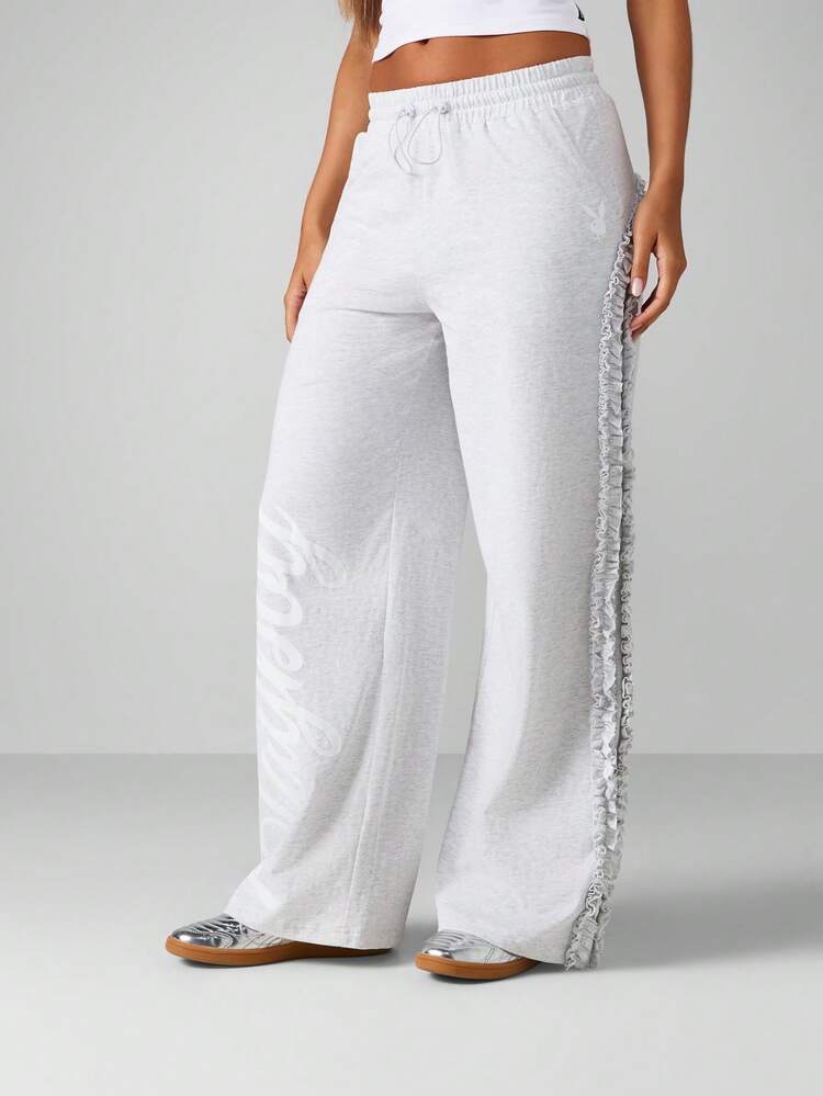 Missguided x Playboy Wide Leg Ruffle Detail Jogger Pants Athleisure Casual Loungewear Comfortable Cotton Blend Elastic Waist Winter Autumn Cozy Bottoms