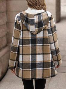 SHEIN 女士优雅成熟连帽格子仿皮毛拉链口袋常规夹克 - 灰色 - 查看 2