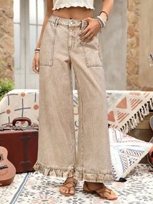 EMERY ROSE Quần ống rộng dáng suông, viền bèo, chất liệu denim, kiểu dáng nghỉ mát, cỡ lớn. - Màu be - Xem 4