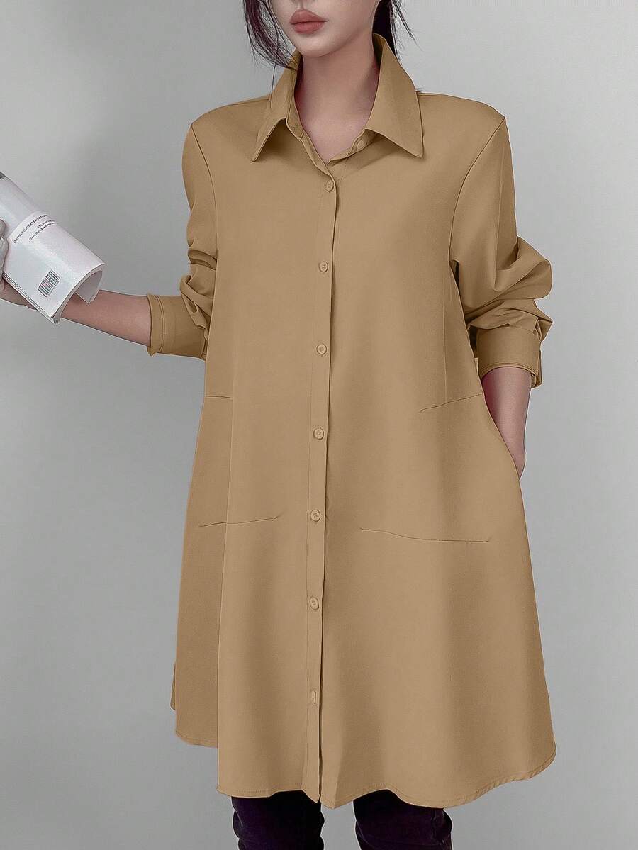 SHEIN Unity Women's Casual Solid Color Long Sleeve Mid-Length Shirt Fall Cloth For Women - Khaki - View 1