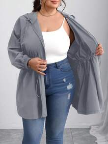 SHEIN CURVE+ Áo khoác nữ màu trơn cạp chun cỡ lớn Curves/Quần áo đi học/Quần áo trở lại trường/Áo khoác nữ màu trơn cỡ lớn, dài vừa, Thu/Đông - Màu xám đen - Xem 10