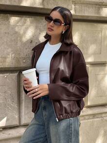 Aloruh Women's Solid Color PU Leather Drop Shoulder Long Sleeve Zip Front Casual Jacket,Brown Coat,Coffee Color,Solid Color Jacket,Spring,Autumn And Winter - Brown - View 3