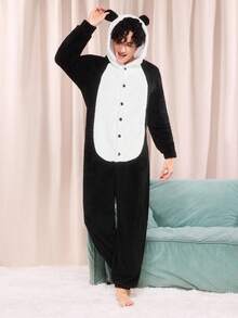 Men Playful Cartoon Animal Panda Plush Cosplay Reversible Fleece Jumpsuit, Comfortable Homewear, Suitable For Family Party, Fluffy, Winter, Cozy - Black and White - View 5