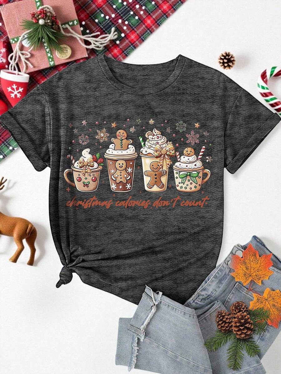 EMERY ROSE Christmas Gingerbread Man Drink Print Casual Plus Size T-Shirt - Dark Grey - View 1