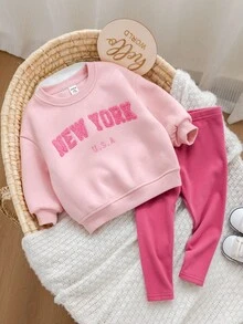 SHEIN Babygirl Casual Graphic Letter Print Sweatshirt Set, Autumn/Winter - Pink - View 5