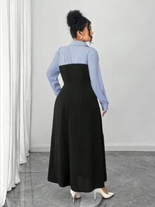 Elenzga 大码条纹拼接 A 字休闲办公装高低下摆束腰中长连衣裙，适合秋冬女士 - 黑色 - 查看 2