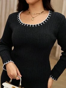Flirla Plus Size Women's Fashionable Black Knitted Dress, Vintage High-End Elegant Fitted Sweater Dress, Casual & Versatile, Autumn/Winter