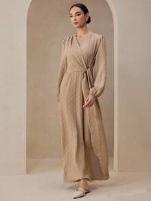 Graceveil 卡其色纹理面料圆领长袖束腰派对休闲连衣裙，秋冬，毕业典礼 - 卡其色 - 查看 4