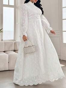Modelyn Plus Size Women French Style Mandarin Collar Embroidered Puff Sleeve Dress Fall - White - View 5