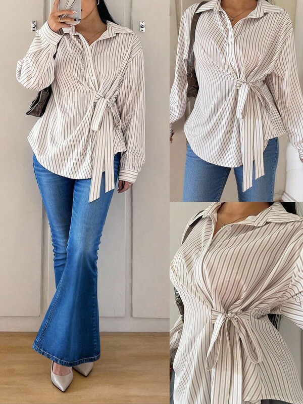 POPSWAY Blouse de bureau élégante et minimaliste à nouer à la taille, avec ouverture devant, grande taille, début de l'automne