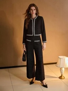 MOTF PREMIUM TWEED FAUX PEARL DETAIL PRESS CREASE WIDE LEG SUIT PANTS - Black - View 5