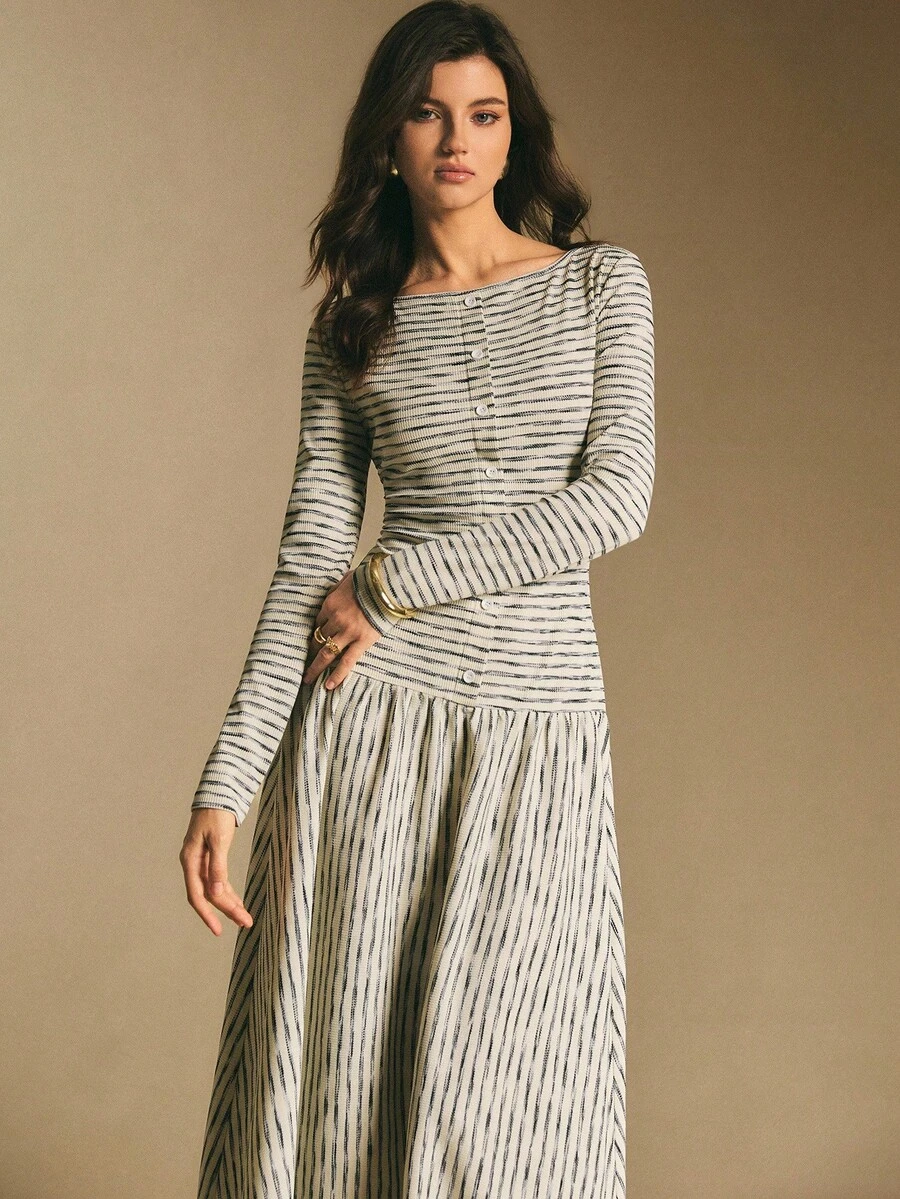 Poéselle 女式条纹船领长袖纽扣设计休闲连衣裙 - 灰色 - 查看 1