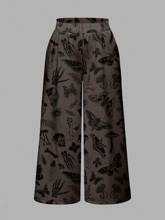 Pantalon ample à jambes larges avec imprimé gothique sombre, mystérieux crâne, papillon, fleurs et feuilles pour femmes grandes tailles