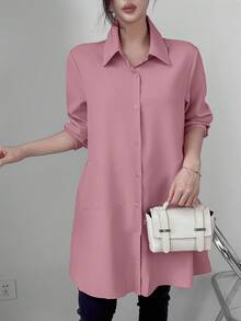 SHEIN Unity Áo sơ mi dài tay màu trơn rộng rãi thoải mái mùa xuân/hè cho nữ, áo dài tay - Bụi hồng - Xem 6