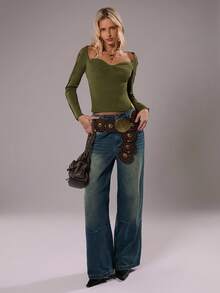 SHEIN TRNDY 1pc Women's Green Military Knit Sweater, Unique Versatile Square Collar, Button Sleeve Design, Slit Hem, Fashionable & Suitable For Commuting And Casual Wear, Autumn/Winter - Army Green - View 4