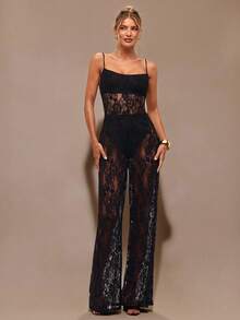 SHEIN BAE Bộ đồ liền thân ren trong suốt hở lưng màu đen tinh khiết, đồ lót nữ thanh lịch, trang phục hẹn hò hàng ngày, trang phục đi chơi, trang phục dự tiệc, bộ đồ liền thân ống rộng bất đối xứng, bộ đồ liền thân ngày lễ tình nhân, bộ đồ liền thân thường ngày, bộ đồ liền thân thanh lịch, bộ đồ liền thân hở lưng - màu đen - Xem 6