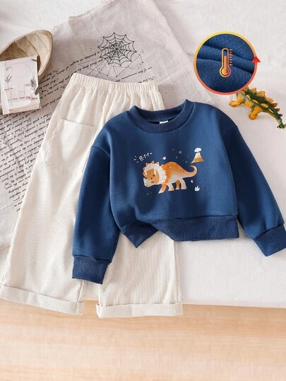 Genkimix Kids Young Boy Cute Orange Dinosaur Print Sweatshirt & Beige Corduroy Pocket Casual Wide Leg Pants Set