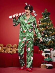 Notgurli 2件套圣诞主题印花卡通趣味圣诞老人缎面舒适家居睡衣套装，礼盒包装，内含拐杖糖、铃铛、雪花、雪人图案，适合家庭聚会、男士休闲服、秋冬服装 - 彩色 - 查看 5