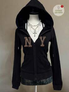 Attitoon Áo sweatshirt in họa tiết da báo phong cách sinh viên cổ điển tối giản, dáng rộng, mở phía trước, gợi cảm, dễ thương, phong cách Y2K, Coconut Girl, Boho, Hippie, lễ hội âm nhạc, phù hợp cho mùa thu/đông. - màu đen - Xem 1