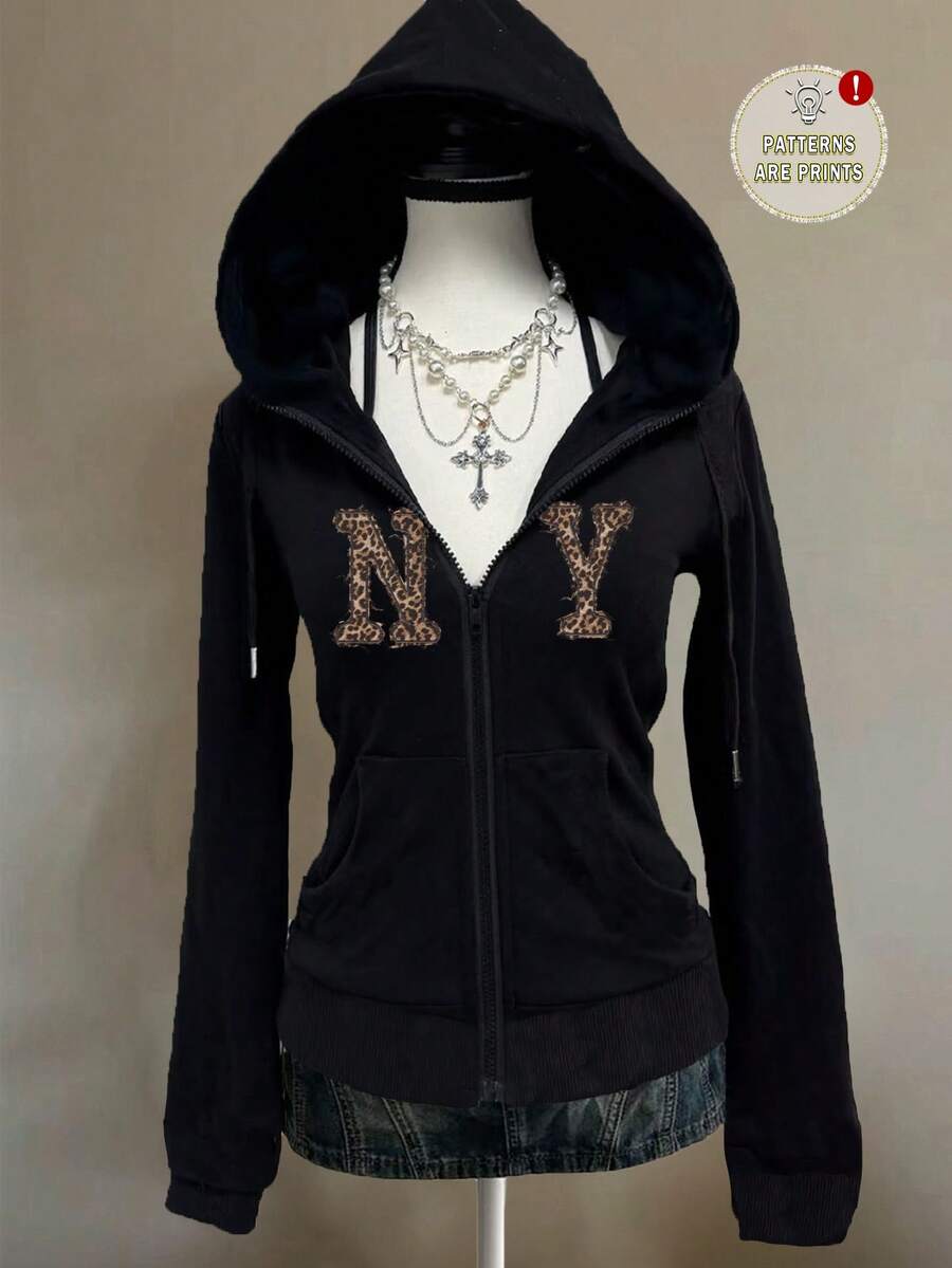 Attitoon Áo sweatshirt in họa tiết da báo phong cách sinh viên cổ điển tối giản, dáng rộng, mở phía trước, gợi cảm, dễ thương, phong cách Y2K, Coconut Girl, Boho, Hippie, lễ hội âm nhạc, phù hợp cho mùa thu/đông. - màu đen - Xem 1