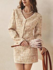 INAWLY 女士秋冬法式时尚粗花呢珍珠纽扣夹克外套和直筒裙套装 - 淺粉色 - 查看 6