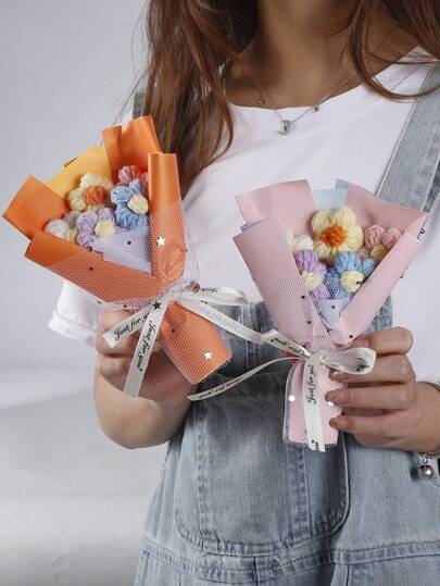 SHEIN 母亲节妇女节手工针织泡芙花束迷你纱线插花创意家居装饰礼物创意钩针工艺柔软纹理中心装饰