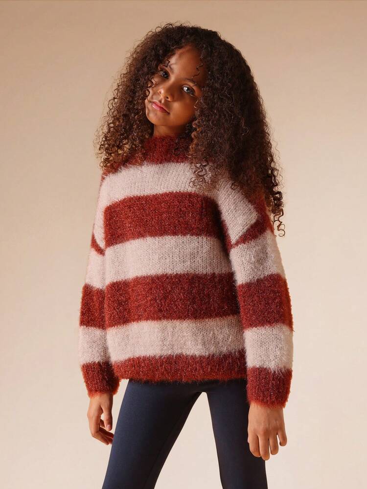 Striped Chunky Knit Pullover Sweater With Fluffy Texture