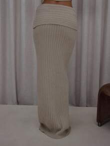 MUSERA 翻边厚针织罗纹修身长裙套装（仅下装）街头风优雅休闲性感外出太妃糖色晚宴派对优雅 - 卡其色 - 查看 5