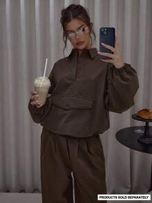 MUSERA 领口细节尼龙口袋收紧弹力下摆防风上衣（仅上衣）街头风可爱优雅休闲性感外出秋季圣诞节圣诞节，优雅节日，假日，派对