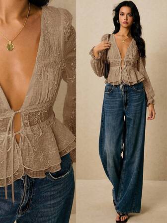 Poéselle Women's Floral Embroidery Deep V-Neck Tie Front Long Sleeve Ruffle Hem Sexy Fashionable Blouse Bohemian Tops Boho Blouses Women Summer Blouse Top Boho Tops For Women