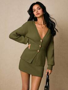 Poéselle Bộ 2 món áo khoác cardigan trơn màu thanh lịch đi làm cho nữ và chân váy dệt kim - xanh quân đội - Xem 2