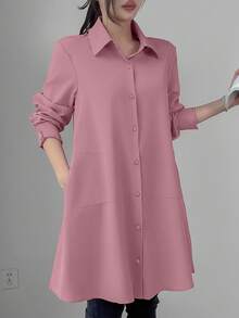 SHEIN Unity Áo sơ mi dài tay màu trơn rộng rãi thoải mái mùa xuân/hè cho nữ, áo dài tay - Bụi hồng - Xem 4