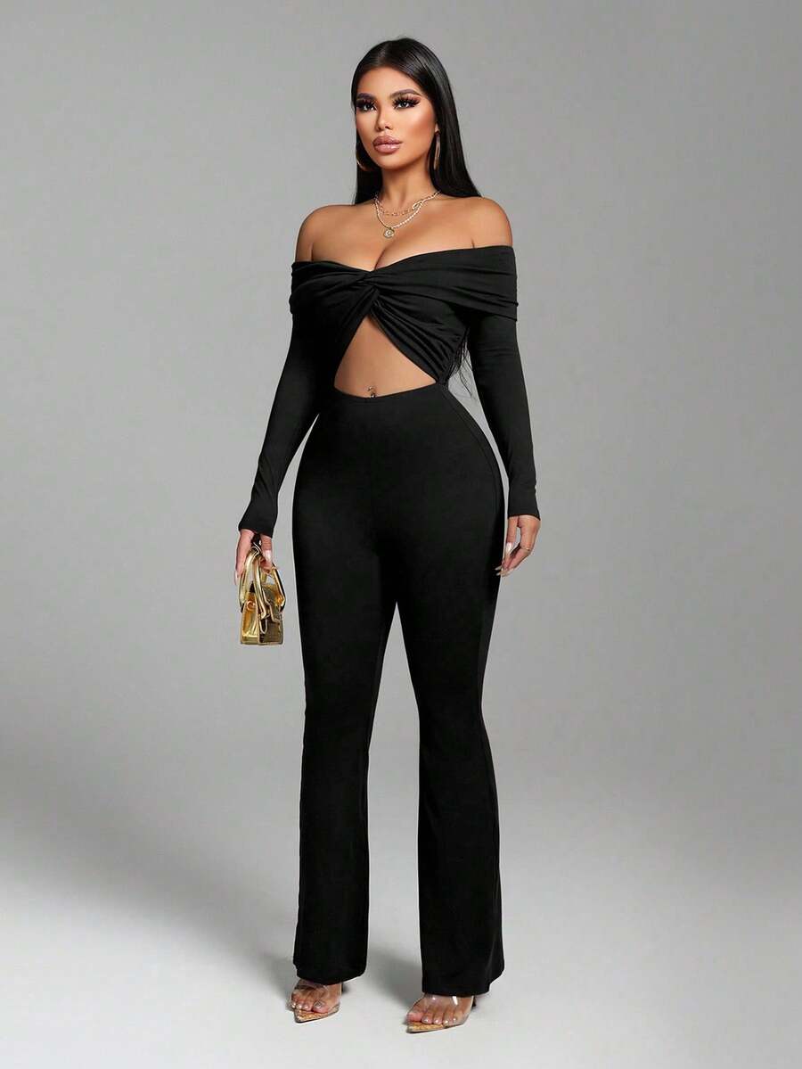 VaVaBold Fashionable Sexy Solid Color Off Shoulder Twist Hollow Jumpsuit - Black - View 1