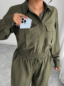 Elenzga 大码女式法式浪漫西西里优雅休闲通勤度假纯棕色衬衫领隐形门襟松紧下摆长袖衬衫 + 松紧腰工装裤套装，春/秋/冬 - 軍綠色 - 查看 8