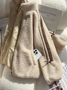 SHEIN Chaqueta casual beige esponjosa con decoración de lazo para niñas, versátil para ir y venir - Beis - Ver 7