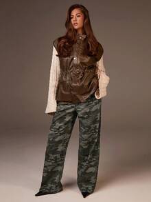 Athîral Women's Green Camo Wide-Leg Jeans | Durable Twill Woven Denim, Structured Yet Smooth Feel, Relaxed Straight Cut, High-Waist With Classic Five-Pocket Design, Zip Fly & Belt Loops, All-Over Camouflage Print, Timeless Utility Details, Versatile Street Style & Capsule Wardrobe Basic For Spring, Fall & Everyday Social Scenes - Army Green - View 5