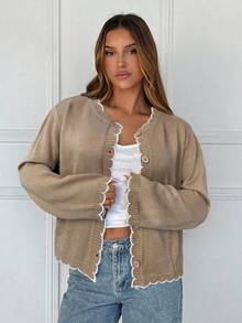 SHEIN EZwear 女士休闲撞色饰边开衫，秋季 - 咖啡棕 - 查看 7