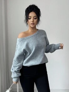 SHEIN Unity 新款秋冬灯笼袖露肩针织衫女 - 灰色 - 查看 3