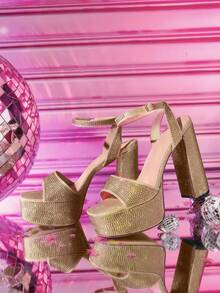 CUCCOO LuxiPop Giày sandal cao gót nữ thời trang, gợi cảm, lấp lánh đính đá, đế dày màu bạc, kiểu dáng hộp đêm, dự tiệc, có khóa cài, màu vàng kim, giày cao gót lộng lẫy. - Vàng - Xem 2