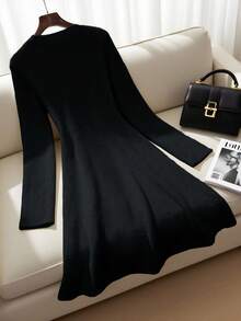 Franclia 女士时尚优雅百搭长袖套头针织连衣裙，独特精致，适合春秋季节 - 黑色 - 查看 2