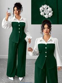 Elenzga Kolekcja Plus Size Kooky Elegance (Woe Is Me Vibes) (Środowa estetyka) Elegancki strój 2-częściowy, czarno-biały patchwork