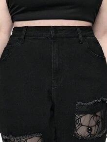 ROMWE Goth Vintage Washed Black Versatile High Stretch Spider Web Hollow Out Design Skinny Slim Fit Jeans - Black - View 5