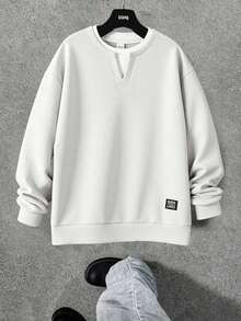 SHEIN 休闲纯色装饰标签细节二合一圆领落肩卫衣，简约基本百搭，适合居家、通勤、学校、日常休闲、旅行、户外、派对、秋冬 - 彩色 - 查看 6