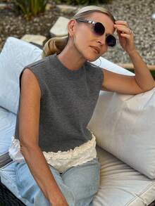 Vivie Lora Women's Stand Collar Fitted Lace Patchwork Knit Sweater Top - Grey - View 4