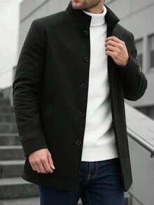 Manfinity Homme Men's Long Sleeve Minimalist Solid Color Stand Collar Single-Breasted Overcoat, Autumn/Winter , Black - Black - View 5