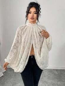 Elenzga 大码优雅通勤雪纺提花蝙蝠袖上衣 - 杏色 - 查看 5